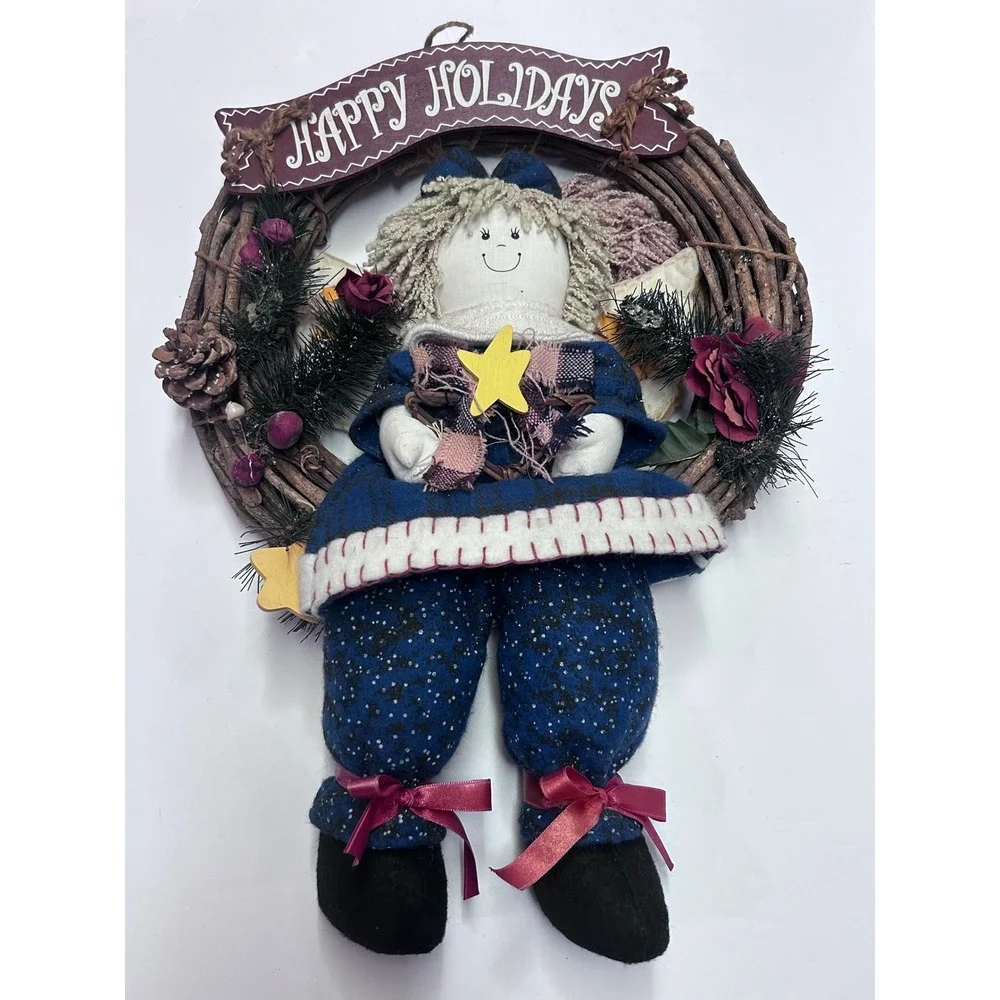 Vintage Handmade Christmas Angel Wreath Wall Hanging Happy Holidays Grapevine